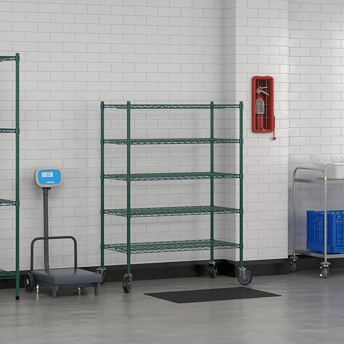 Commercial NSF Listed Green Epoxy Mobile Wire Shelving Kit 21" x 42" x 60", with 5 Shelves Perfect for Warehouse, Walk-in Refrigerator, Freezer, Grocery Store, Restaurant, Dishroom