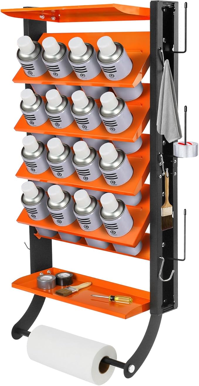 4-Tier Spray Paint Can Holder Rack Wall-Mount, Heavy Duty Spray Bottle Lube Can Organizer, 16 Can Storage Rack with Paper Towel Rod, Ideal for Garage/Workshop/Home,Orange