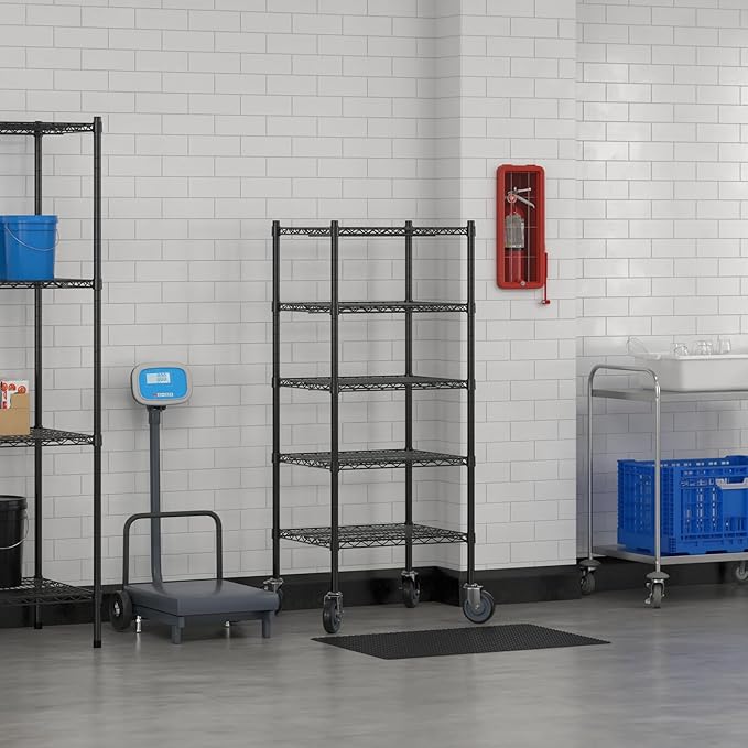 Commercial NSF Listed Black Epoxy Mobile Wire Shelving Kit 21" x 24" x 60", with 5 Shelves Perfect for Warehouse, Walk-in Refrigerator, Freezer, Grocery Store, Restaurant, Dishroom