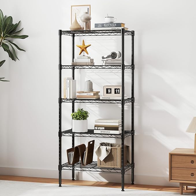 DUMOS 5-Tier Metal Wire Storage Shelves, Adjustable Standing Storage Rack Shelf, Heavy Duty Steel Shelving Unit Organizers for Kitchen Bathroom Pantry Garage, 23.3" W×13.4" D×60" H, Black