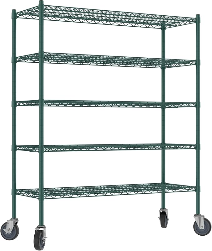 Commercial NSF Listed Green Epoxy Mobile Wire Shelving Kit 18" x 48" x 60", with 5 Shelves Perfect for Warehouse, Walk-in Refrigerator, Freezer, Grocery Store, Restaurant, Dishroom