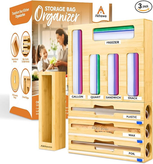 Storage Bag Organizer for Kitchen Drawer and Wall - 9 in 1 Baggie Organizer for Foil and Plastic Wrap with Cutter - Measure Drawer Height Before Purchasing