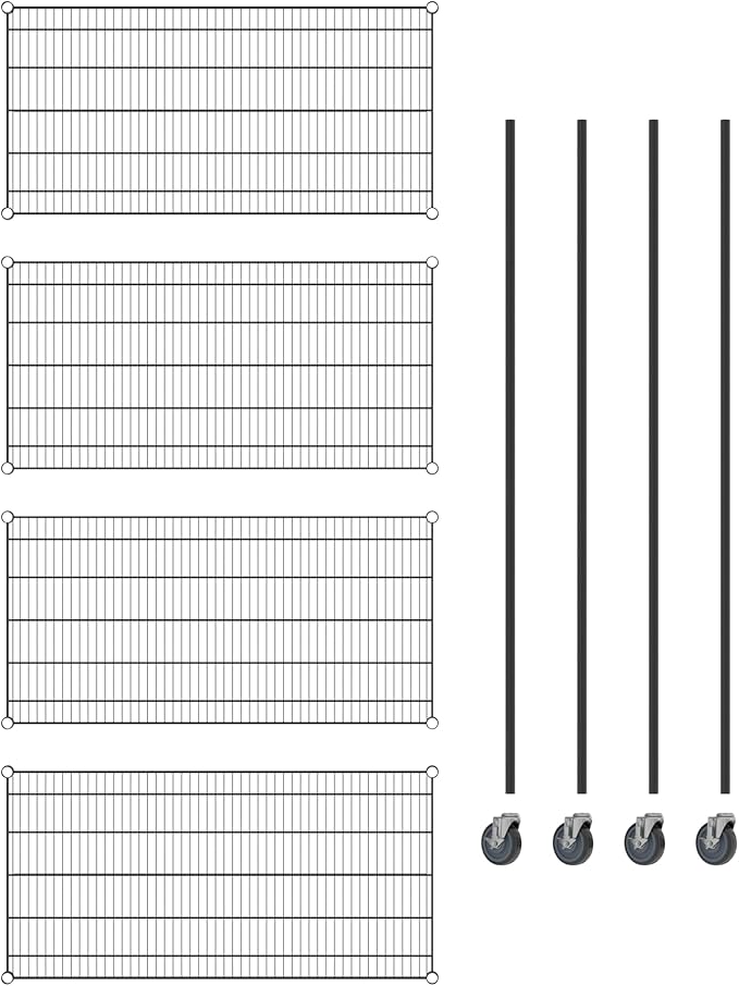 Commercial NSF Listed Black Epoxy Mobile Wire Shelving Kit 24" x 48" x 80", with 4 Shelves Perfect for Warehouse, Walk-in Refrigerator, Freezer, Grocery Store, Restaurant, Dishroom