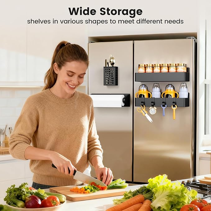 Mystozer Magnetic Spice Rack for Refrigerator,4 Pack Magnetic Shelf,Fridge Magnet Organizer with Paper Towel Holder and Utensils Racks,Fridge Organizers and Storage Black(4 Pack)