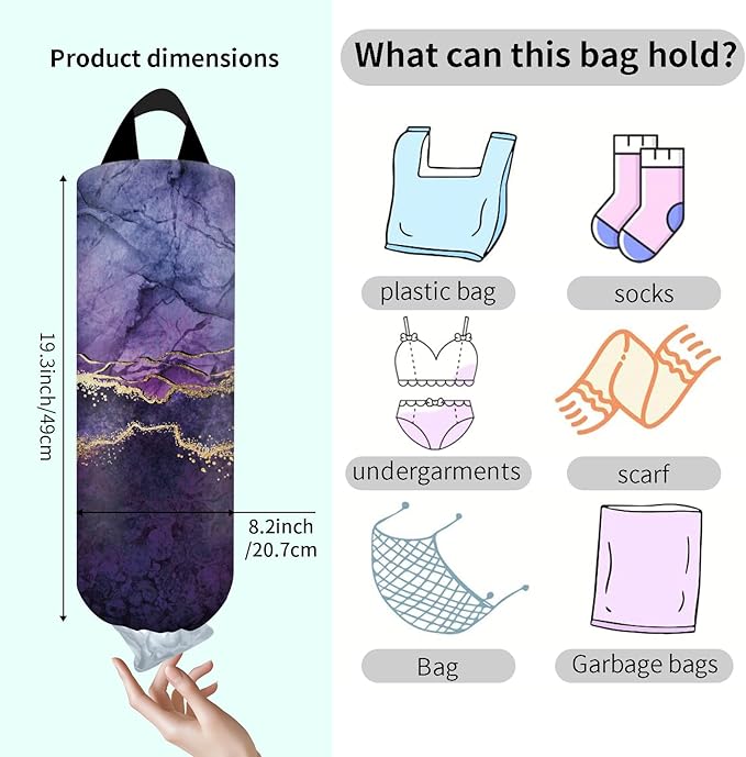 Plastic Bag Holder, Wall Mount Grocery Bag Organizer, Funny Hanging Trash Bag Storage Dispenser for Home Kitchen Luxuious Purple Marble