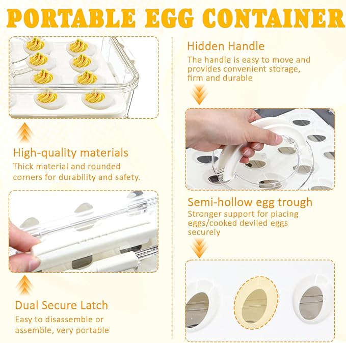 Egg Holder for Fridge,20 Deviled Egg Containers with Lid & Handle PET Thickened Eggs Organizer for Refrigerator Inc Egg Slicer,Kitchen Tongs,Silicone Spatula,Piping Decorating Kit