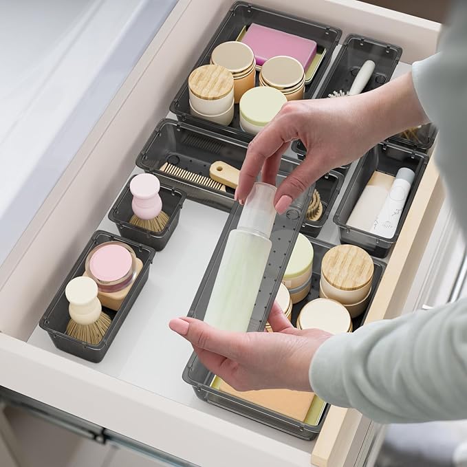 15 PCS Clear Plastic Drawer Organizer Set, 4-Size Acrylic Drawer Storage Trays, Storage Bins for Makeup, Gadgets, and Jewelry in Bathroom, Bedroom and Office, Clear Black