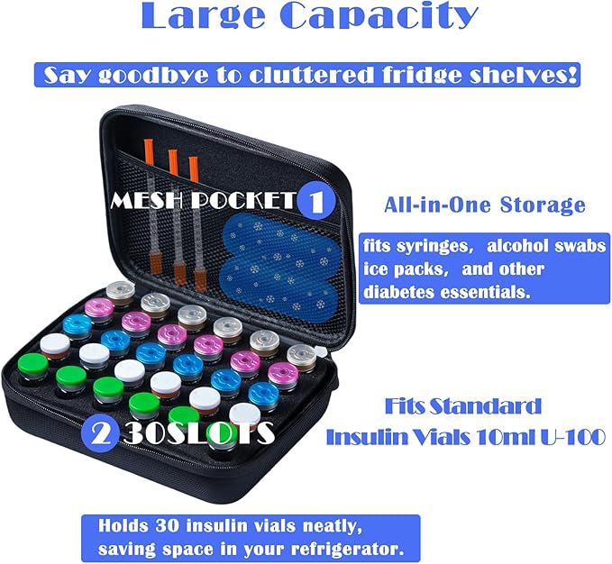 Insulin Fridge Holder Storage Case Insulin Vial Protector Holder Insulin Cooler Travel Case Organizer Fits Standard 10ml U-100 Vials 30-Slot,Black (30 Slots)
