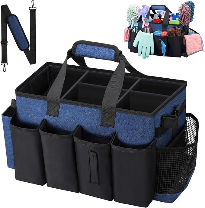 Wigojoy Wearable Large Cleaning Caddy Bag for Housekeeper, Clean Supply Organizer with Adjustable Shoulder, Waist & Handle Straps, Detailing Bag for Kitchen Supplies (Blue)