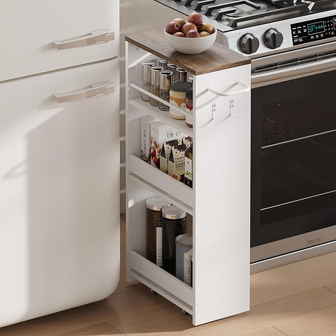 ChooChoo 4-Tier Slim Storage Cart, 7.87 inches Wide Narrow Storage Cabinet with 360° Wheels and 2 Hooks, Space-Saving Organizer for Kitchen, Narrow Places, Dining Room, Walnut+White