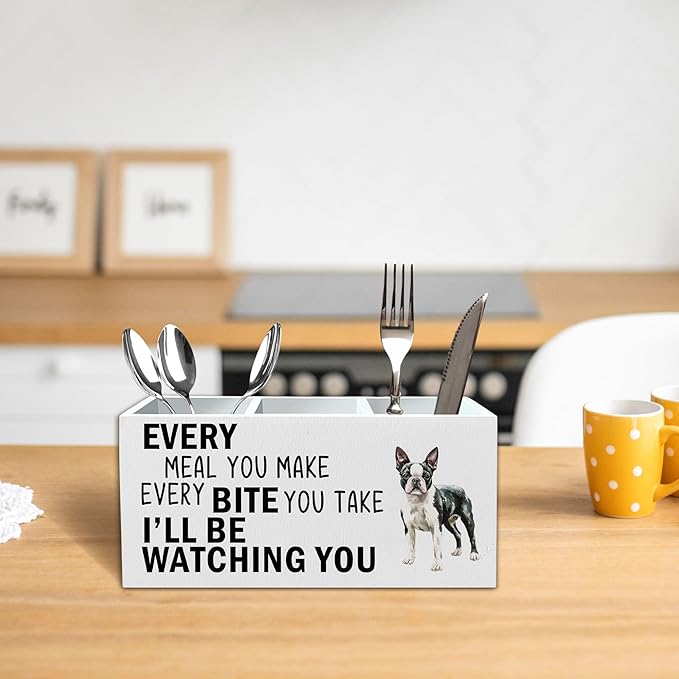 Boston Terrier Dog Kitchen Utensil Holder for Countertop, Dog Decorative Lover Gifts, Funny Every Meal You Make Every Bite You Take Wooden Utensil Holder Organizer for Kitchen Table Decor