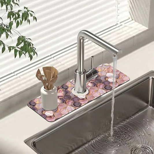 Sink Faucet Absorbing Mat Gold Pink Hexagon Texture Sink Splash Guard Drying Mat for Kitchen Bathroom Faucet Sinkmat 15.5"X5.5"