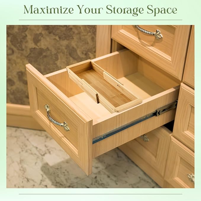 LemonRoad 1 Pcs Sliding Drawer Organizer Bin Bamboo Drawer Expandable Bins Utensil Organizer in Kitchen for Spoons Forks Knives
