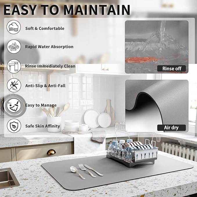 Dish Drying Mat for Kitchen Counter, Heat Resistant Drainer Mats with Non-slip Rubber Backed, Hide Stain Kitchen Super Absorbent Draining Mat, Easy to Clean Dish Rack Pad, Grey 16"x18"