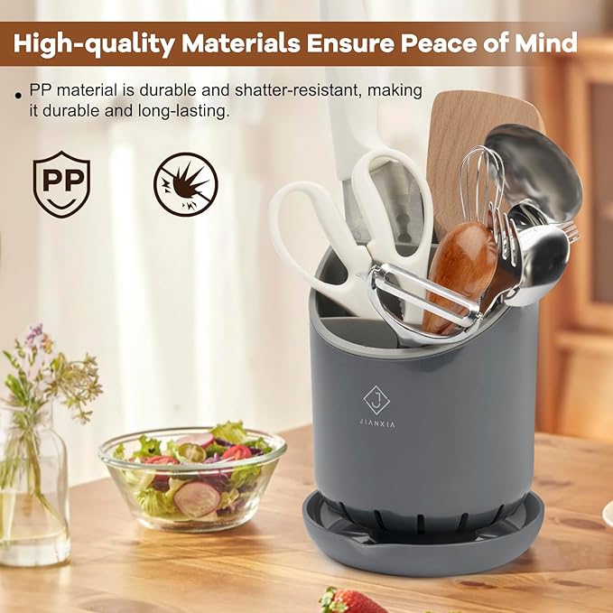Utensil Drying Holder for Kitchen Counter，Kitchen Utensil Crock with Detachable Base Self Draining Small Utensil Cutlery Flatware Silverware Holder Drainer Cup（Black）