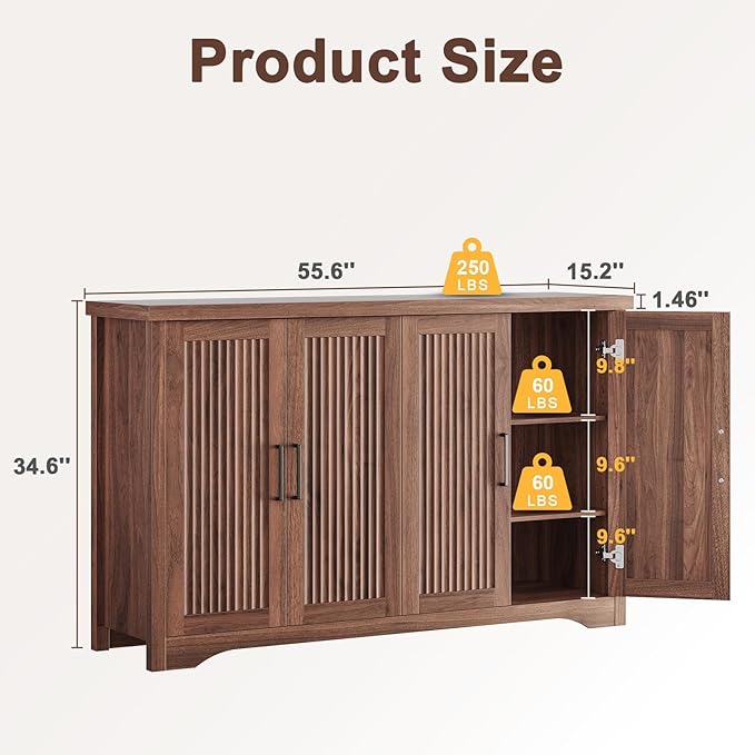 Fluted Buffet Cabinet with Storage Accent Sideboard,Modern Credenza with 4 Doors & Adjustable Shelves,Wood Coffee Bar Table Console for Dining Room Kitchen Living Room Entryway, Walnut