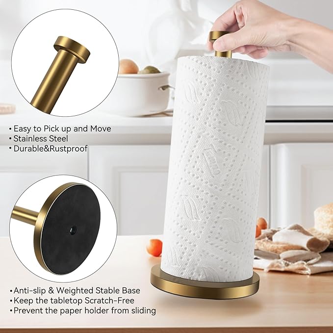 Paper Towel Holder Countertop, Gold Paper Towel Roll Holder for Kitchen Bathroom, One-Handed Operation Stainless Steel Paper Towel Holder with Weighted Base
