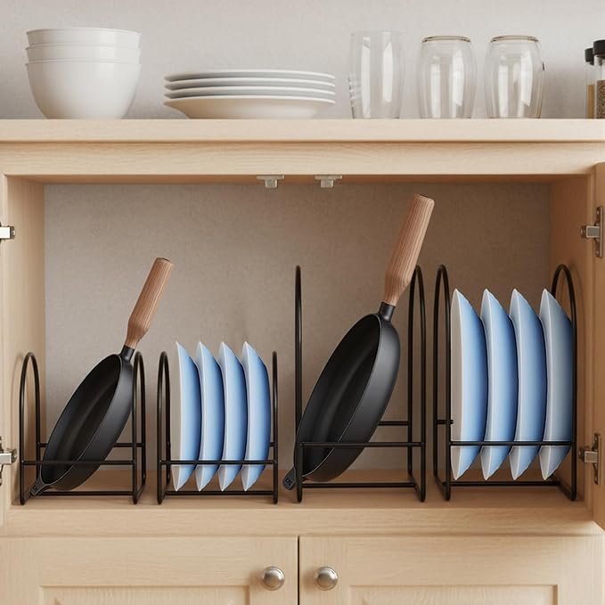 4 Packs Black Kitchen Plate Holder for Cabinet 2 Large 2 Small Dinner Dish Plate Organizer Rack Upright Dish Drying Racks Metal Dishes Racks Stand