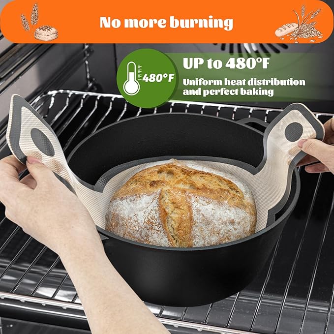 Silicone Bread Sling Dutch Oven Liners Sourdough Baking, Non-stick bread mat With Extra Long Handles, Easy Clean Reusable Silicone Bread Baking Mat, 2 Pack for Transferable Dough,