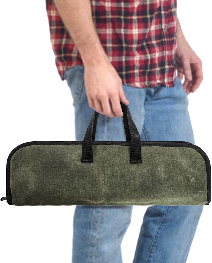 Tosnail Chef Knife Roll Bag with 4 Slots, Heavy Duty Waxed Canvas Knife Bag with Handle, Kitchen Knife Storage, Portable Knife Carrying Case