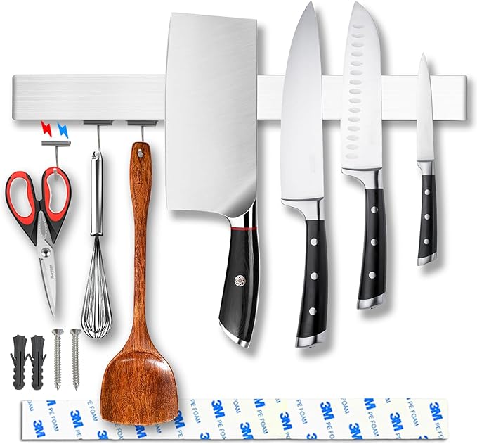 YIIYIIN 16 Inch Magnetic Knife Holder for Wall Mount with Magnetic Hooks - No-Drill Adhesive - Knife Magnetic Strip - 304 Stainless Steel Magnetic Kitchen Utensil Hanger/Holder/Rack/Bar