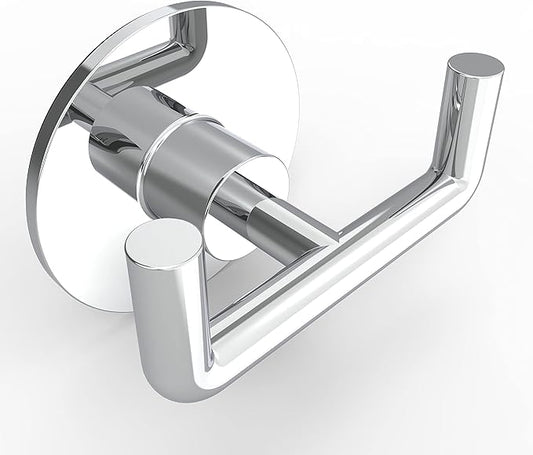 Ruacq Adhesive Double Towel Hook Chrome Round Base Bathroom Robe Self-Adhesive Towel Holder Hand Towel Hanger Stainless Steel and Zinc Alloy Modern Polished Chrome