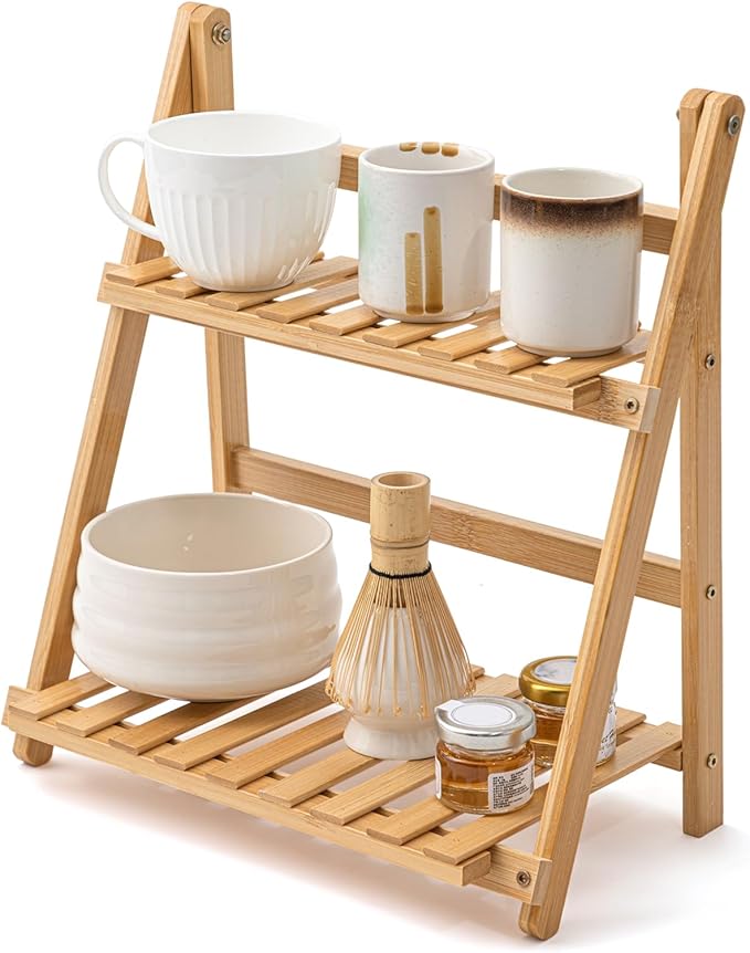 Matcha Station Shelf, 11.8'' Coffee Station Organizer, 2 Tiers Bamboo Mug Holder Countertop, Desktop Flower Pot Rack for Home Living Room Window Sill Foldable Display Storage Shelf(Wood)