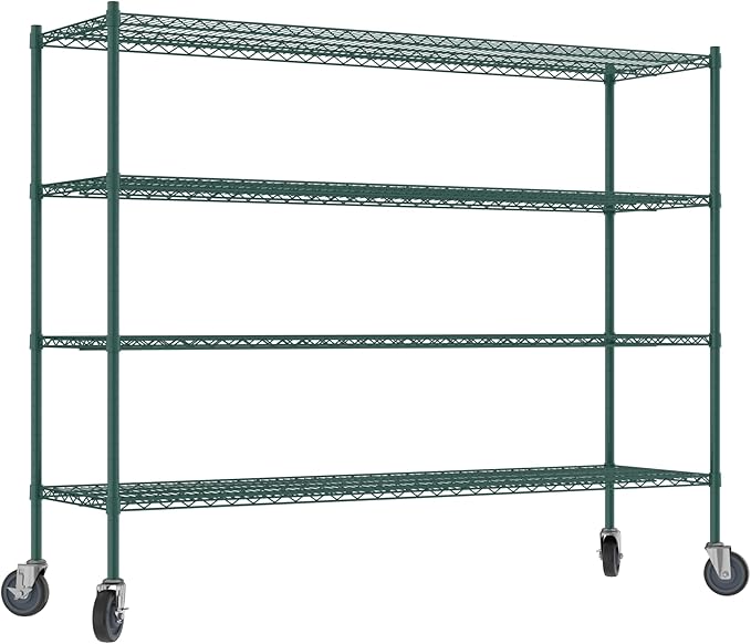 Commercial NSF Listed Green Epoxy Mobile Wire Shelving Kit 21" x 72" x 60", with 4 Shelves Perfect for Warehouse, Walk-in Refrigerator, Freezer, Grocery Store, Restaurant, Dishroom