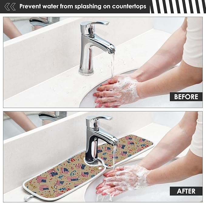 2 PCS Kitchen Sink Splash Guard 23.6 Inch Faucet Mat for Kitchen Sink Bathroom Sink Faucet Absorbing Drip Drain Mat Pad Microfiber Soft Washable Beige Patriotic Flags Fireworks