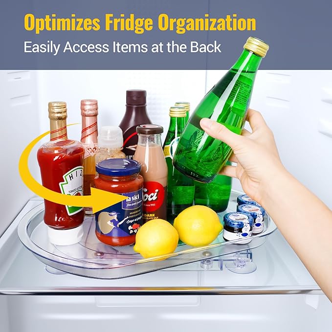 NiHome Refrigerator Lazy Susan Turntable Organizer 16.5"x11"x1.85", 180° Smooth Rotation Clear Plastic Shelf Tray with Suction Cups, Space-Saving Fridge Storage Rack for Cabinets, Pantry, Countertop