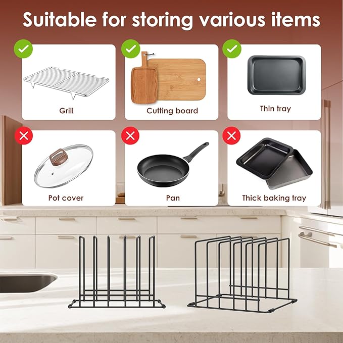 2 Pcs Kitchen Cabinet Cutting Board Organizer, Cookie Sheet Storage Rack, Stable and Non Slip, Iron Cutting Board Rack, Cabinet Dividers Holder for Cutting Boards and Cookie/Baking Sheets