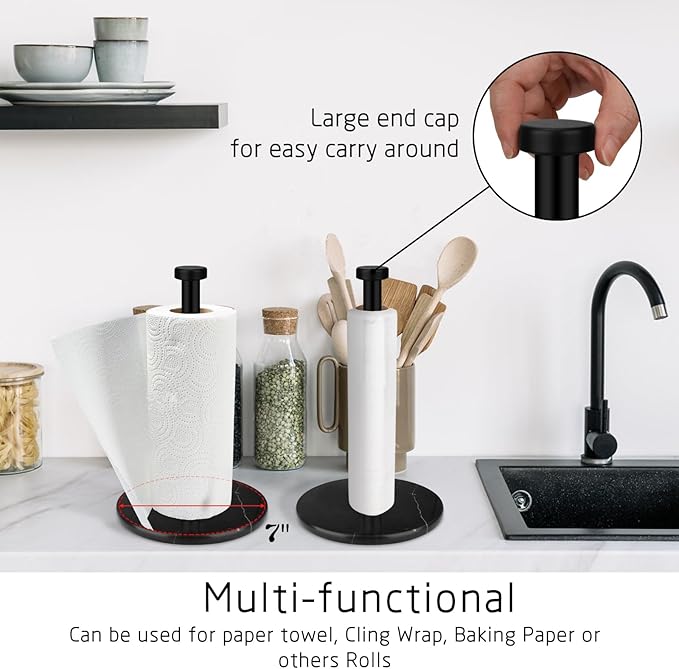 Paper Towel Holder Countertop with 7" Weighted Black Marble Base - Modern Free Standing Paper Roll Holder, Matte Black Stainless Steel Stand Paper Towel Holder for Kitchen and Bathroom