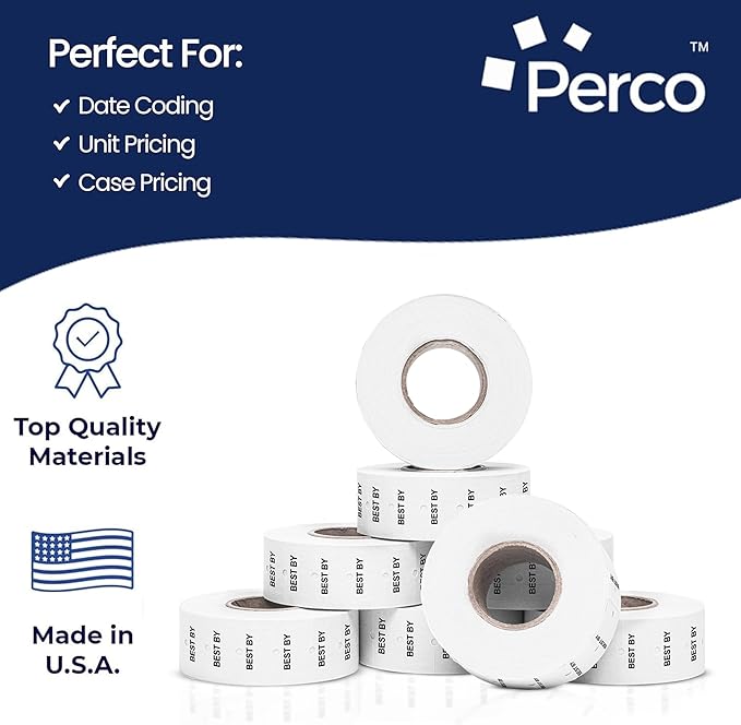 Perco Best by 1 Line Labels - 8 Rolls, 1 Sleeve, 8,000 Blank Date Gun Labels for Perco 1 Line Date Guns - Made in USA