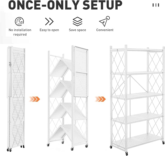Foldable Storage Shelves with Wheels, Folding Shelving Units Storage, Heavy Duty Metal Collapsible Shelf No Assembly, Large Capacity Pop-Up Organizer for Garage,Kitchen,Living Room, 5-Tier White