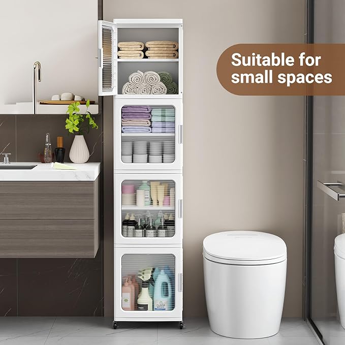 BROVIEW 3-Tier Tall Narrow Storage Cabinet 14.6” Wide, Slim Bathroom Cabinets with Adjustable Shelves and Doors, Plastic Kitchen Pantry Organizers and Storages for Small Space, Laundry, White