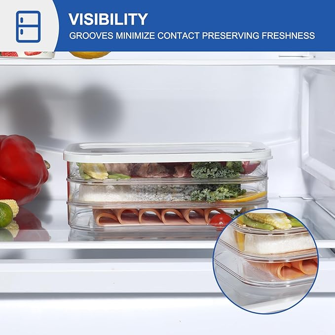 Bronkeeper Stackable Deli Meat Storage, 3-Tier Lunch Meat Container for Fridge – Dishwasher Safe, Clear Cold Cuts & Cheese Organizer with Lid, Meal Prep Meat Storage Containers for Refrigerator
