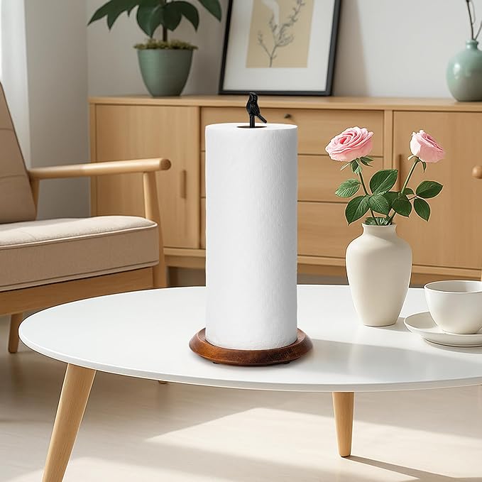 Wood Paper Towel Holder Countertop, Easy Tear Farmhouse Kitchen Towel Holder for Dining Table, Cute Bird Shaped with Anti Slip Weighted Base