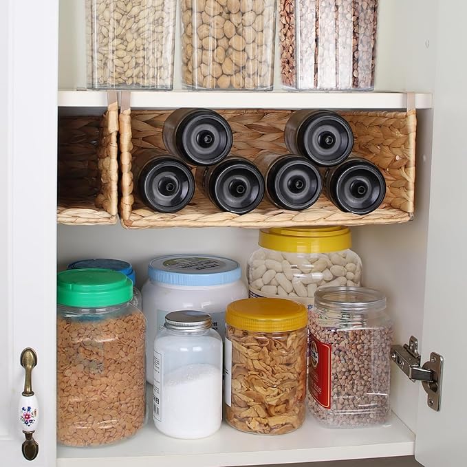 Under Desk Water Hyacinth Storage Baskets, Pantry Organizers and Storage, Wicker Shelf Organizer Basket, Under Cabinet Tea Bag Organizer, Under Sink Organizer