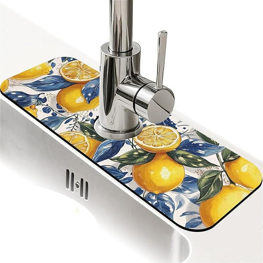 Kitchen Sink Splash Guard，Bright lemon Faucet Mat Sink Gadgets-Super Absorbent Fast Drying Mat Drip Catcher for Kitchen, Bathroom,Sink Mat, Dish Drying Mat, Bathroom(15" X 5.5" )
