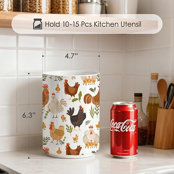 Charming Rooster Ceramic Utensil Holder for Kitchen Counter - Vintage Farmhouse Decor, Rustic Chicken Kitchen Utensil Holder, Rooster decor,Ceramic Vase 6.3"+4.7"(Chicken and Flowers