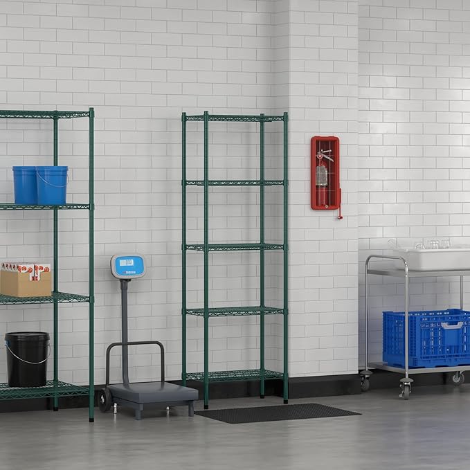 Commercial NSF Listed Green Epoxy Stationary Wire Shelving Kit 14" x 24" x 74", with 5 Shelves Perfect for Warehouse, Walk-in Refrigerator, Freezer, Grocery Store, Restaurant, Dishroom