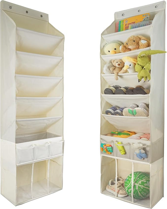3in1 Over The Door Shoe Organizer with 5 Slanted Compartments,Removable Storage Bin & Transparent Pockets,Thickened Waterproof Oxford Fabric Shoes Rack for Shoes,Boots,Toys,Daily Essentials. (Beige)