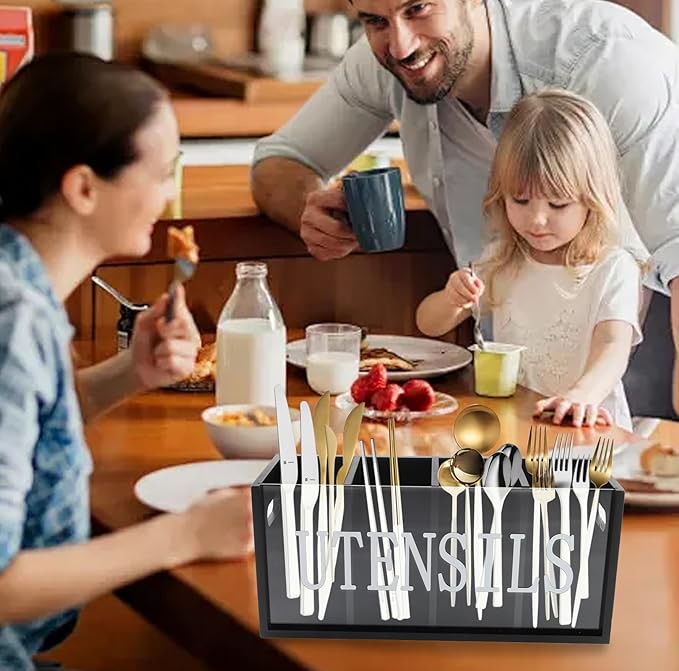 Utensil Holder, Wooden Utensil Organizer with Handles, Large 4 compartments Utensil Crock, Farmhouse Kitchen Decor, Black Utensl Storage Caddy for Silverware Spoons Spatula Forks and Knives