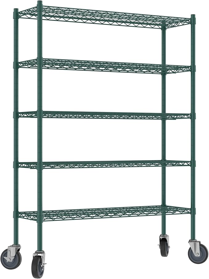 Commercial NSF Listed Green Epoxy Mobile Wire Shelving Kit 14" x 42" x 60", with 5 Shelves Perfect for Warehouse, Walk-in Refrigerator, Freezer, Grocery Store, Restaurant, Dishroom