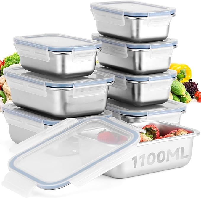 Cykorxicc 8-Piece 304 Stainless Steel Food Storage Containers with Lids, Leakproof & Airtight Bento Lunch Box, Oven/Freezer/Dishwasher Safe,Stackable Kitchen Storage Set