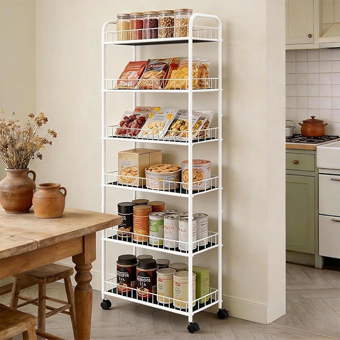 10in Slim Storage Cart, 6-Tier Narrow Rolling Shelf，Sturdy Slim Storage Ideal for Kitchen, Bathroom, and Laundry Room, Black (10in White)
