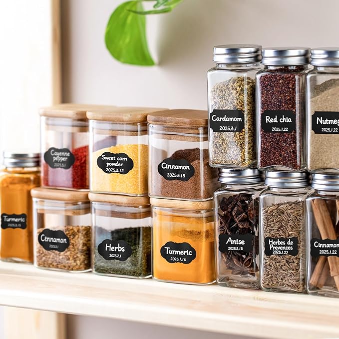 Segarty Labels for Spice Jars, 192 Pcs Assorted Shape Blank Label Stickers with 1 Chalk Marker for Food Container, Waterproof Chalkboard Stickers for Glass Mason, Bottle, Canisters, Storage Bin