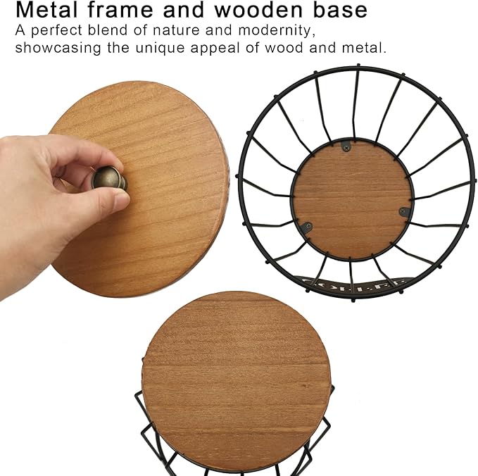 Round Coffee Pods Holder with Wooden Lid and Base,Wire Coffee Pods Storage Basket for Home Cafe Bar Countertop Decor(Black)