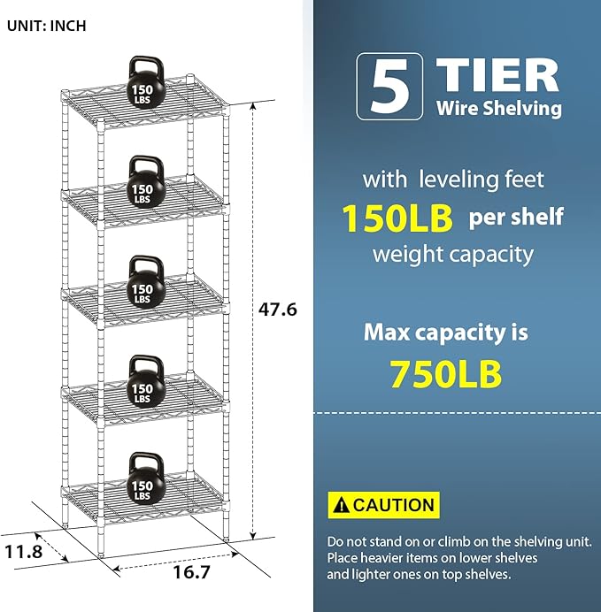 5-Shelf Storage Shelves Metal Shelving Unit NSF Garage Storage Rack Adjustable Wire Shelves Organizer for Kitchen Closet Basement, 750 Lbs Capacity, 16.7" L × 11.8" W × 47.6" H, Black