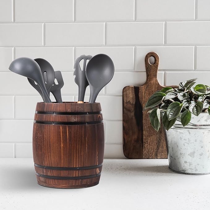Rustic Dark Brown Wood Utensil Crock Wine Barrel Kitchen Organization Countertop Holder Black Metal Cooking Tools Culinary Gadgets Compact Storage Vintage Wooden Organizer Home Restaurant